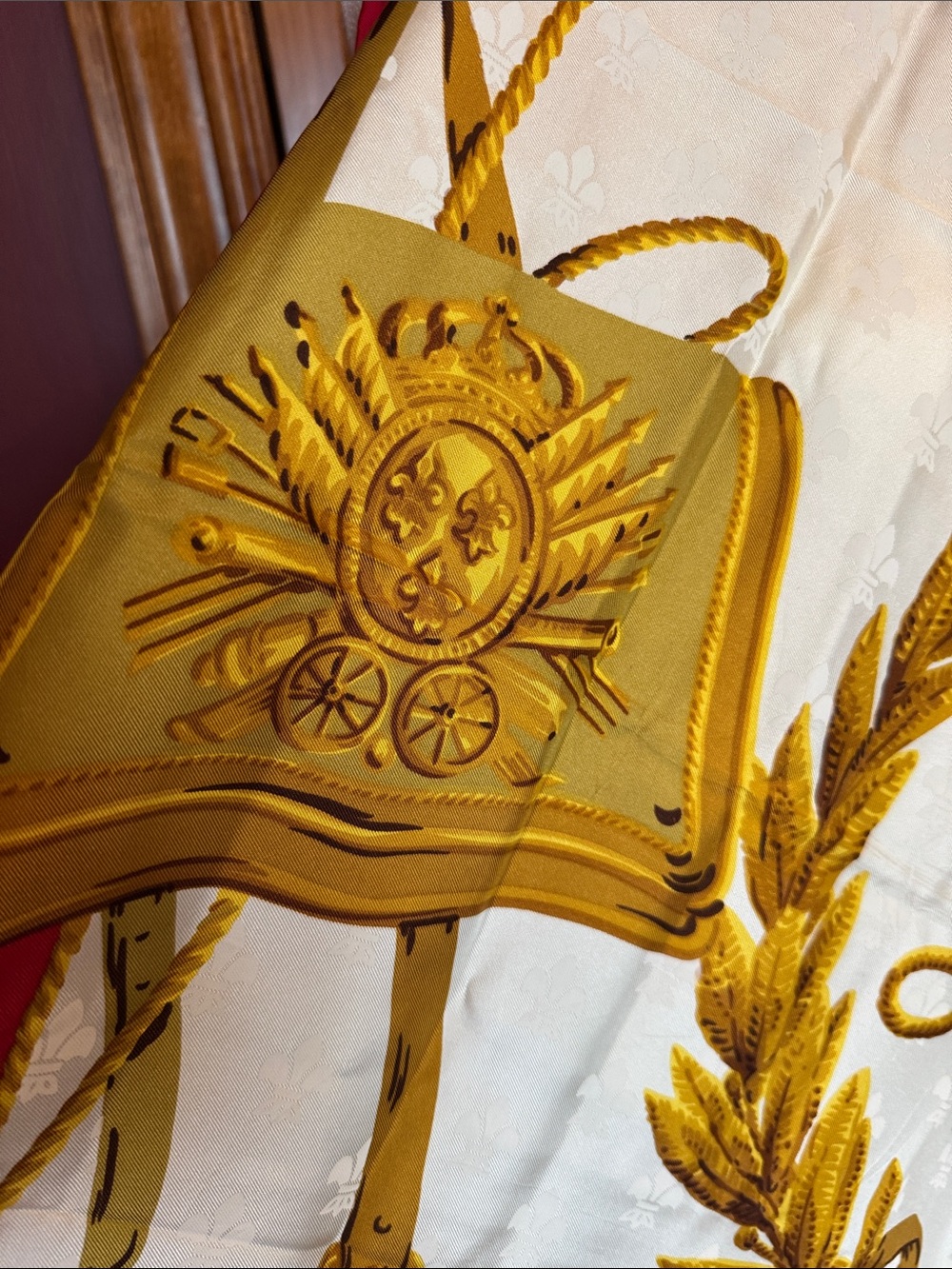 Celine Red, White and Mustard Gold Print Silk Scarf - Picture 3 of 6